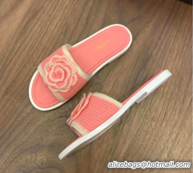 Stylish Chanel Knit Flat Slides Sandal with Camellia Bloom Pink 2025 CH061024