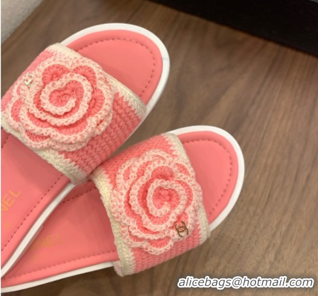Stylish Chanel Knit Flat Slides Sandal with Camellia Bloom Pink 2025 CH061024