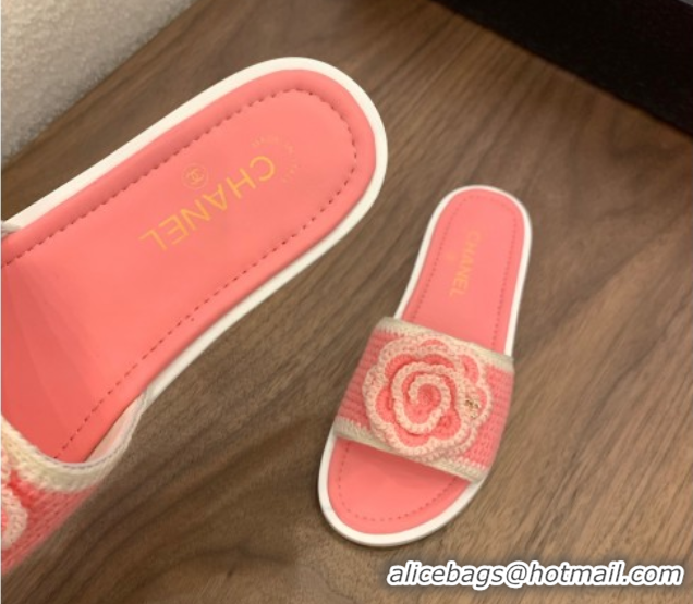 Stylish Chanel Knit Flat Slides Sandal with Camellia Bloom Pink 2025 CH061024