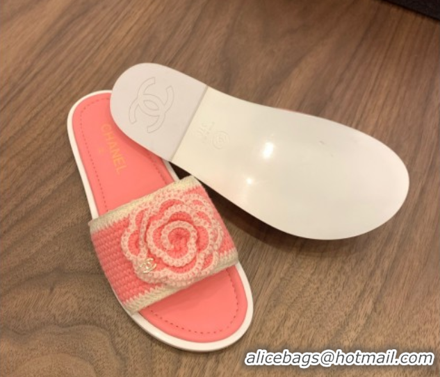 Stylish Chanel Knit Flat Slides Sandal with Camellia Bloom Pink 2025 CH061024