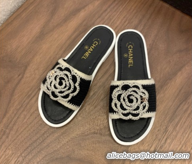 Grade Quality Chanel Knit Flat Slides Sandal with Camellia Bloom Black 2025 CH061024