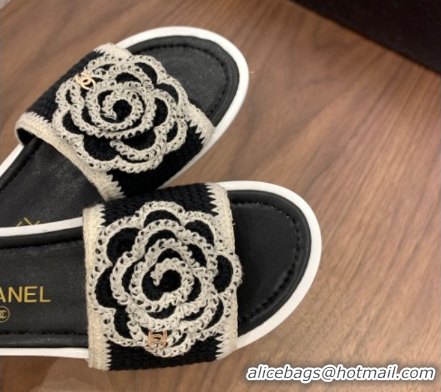Grade Quality Chanel Knit Flat Slides Sandal with Camellia Bloom Black 2025 CH061024