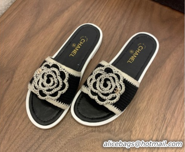 Grade Quality Chanel Knit Flat Slides Sandal with Camellia Bloom Black 2025 CH061024