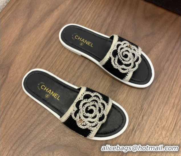 Grade Quality Chanel Knit Flat Slides Sandal with Camellia Bloom Black 2025 CH061024