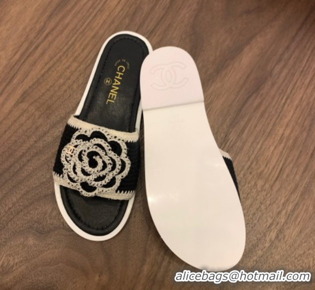 Grade Quality Chanel Knit Flat Slides Sandal with Camellia Bloom Black 2025 CH061024