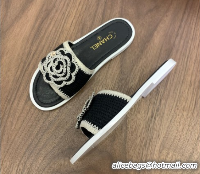 Grade Quality Chanel Knit Flat Slides Sandal with Camellia Bloom Black 2025 CH061024