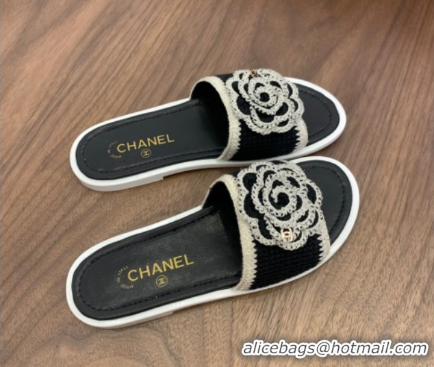 Grade Quality Chanel Knit Flat Slides Sandal with Camellia Bloom Black 2025 CH061024