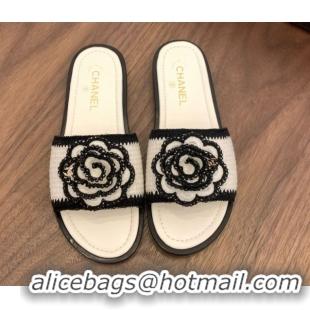 Best Grade Chanel Knit Flat Slides Sandal with Camellia Bloom White 2025 CH061024