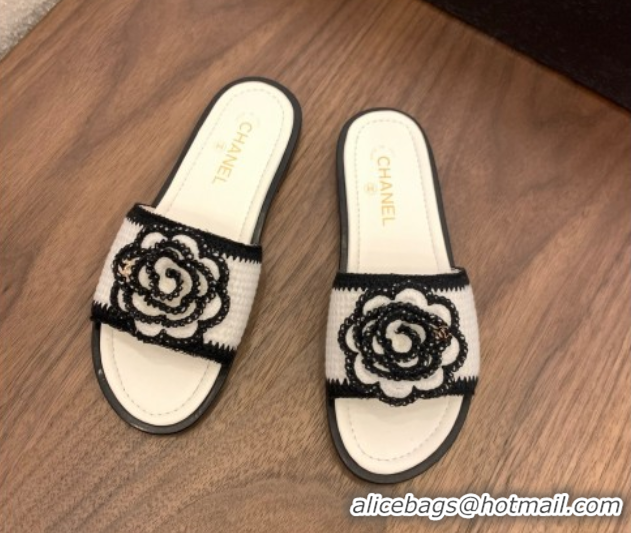 Best Grade Chanel Knit Flat Slides Sandal with Camellia Bloom White 2025 CH061024