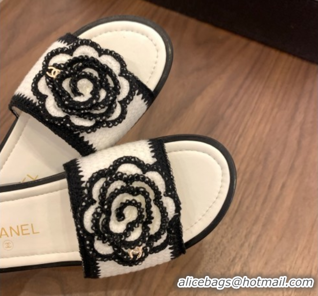 Best Grade Chanel Knit Flat Slides Sandal with Camellia Bloom White 2025 CH061024