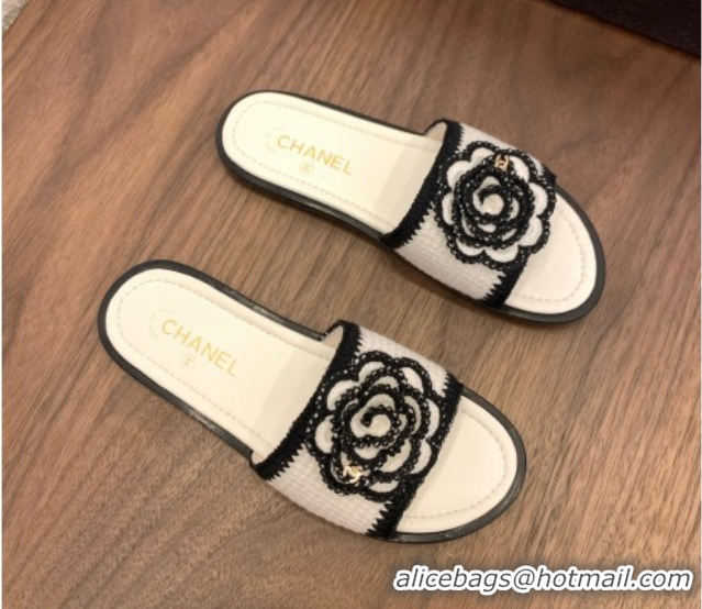 Best Grade Chanel Knit Flat Slides Sandal with Camellia Bloom White 2025 CH061024