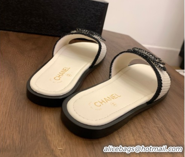 Best Grade Chanel Knit Flat Slides Sandal with Camellia Bloom White 2025 CH061024