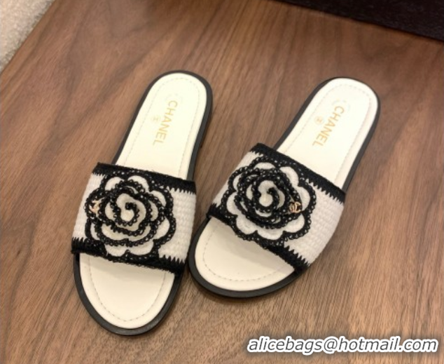 Best Grade Chanel Knit Flat Slides Sandal with Camellia Bloom White 2025 CH061024