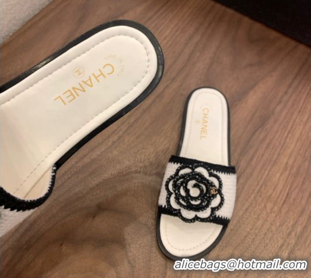 Best Grade Chanel Knit Flat Slides Sandal with Camellia Bloom White 2025 CH061024