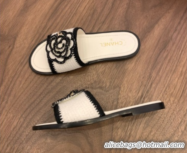 Best Grade Chanel Knit Flat Slides Sandal with Camellia Bloom White 2025 CH061024