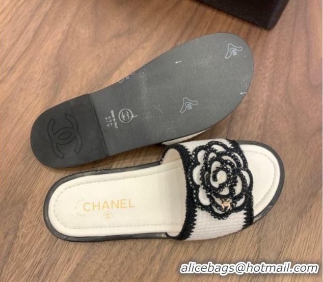 Best Grade Chanel Knit Flat Slides Sandal with Camellia Bloom White 2025 CH061024