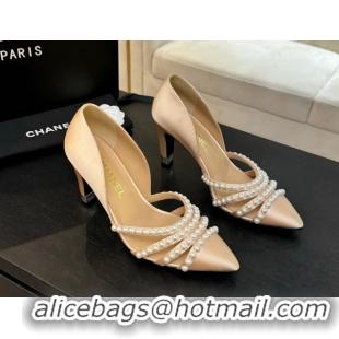 Best Price Chanel Satin Pumps 8.5cm with Pearls Beige 2025 CH061025