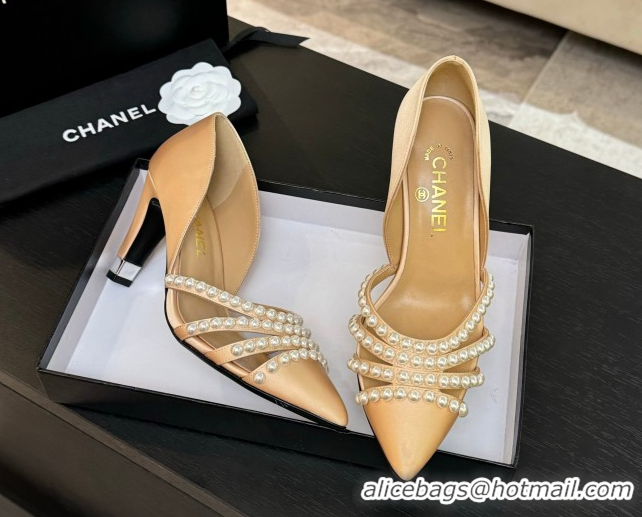 Best Price Chanel Satin Pumps 8.5cm with Pearls Beige 2025 CH061025