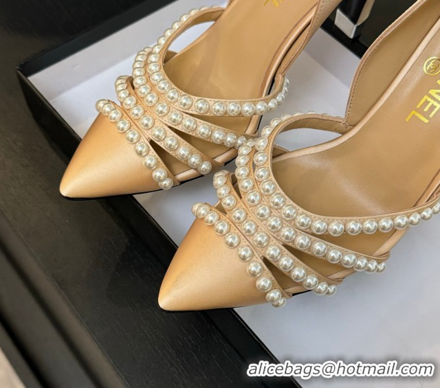 Best Price Chanel Satin Pumps 8.5cm with Pearls Beige 2025 CH061025