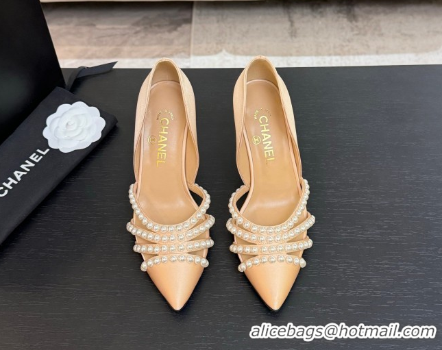 Best Price Chanel Satin Pumps 8.5cm with Pearls Beige 2025 CH061025