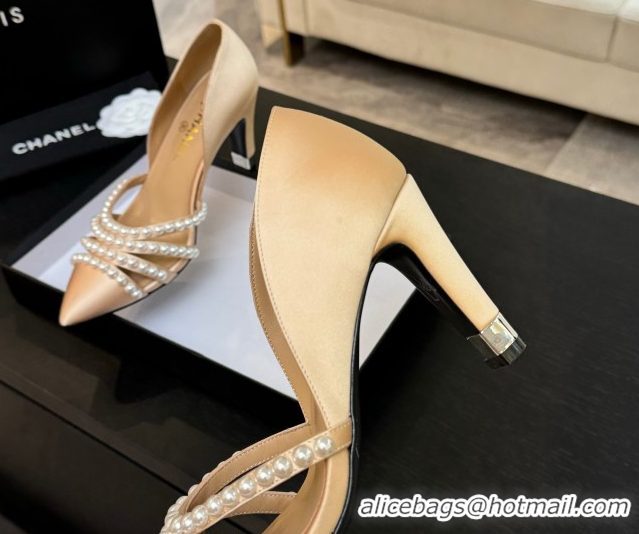 Best Price Chanel Satin Pumps 8.5cm with Pearls Beige 2025 CH061025