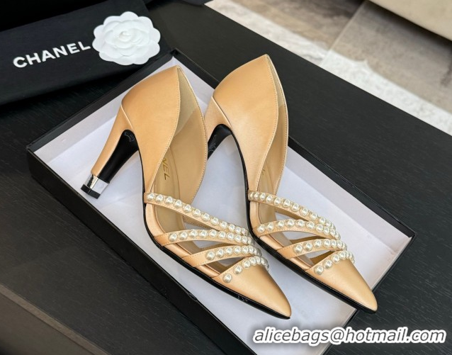 Best Price Chanel Satin Pumps 8.5cm with Pearls Beige 2025 CH061025