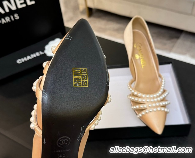 Best Price Chanel Satin Pumps 8.5cm with Pearls Beige 2025 CH061025