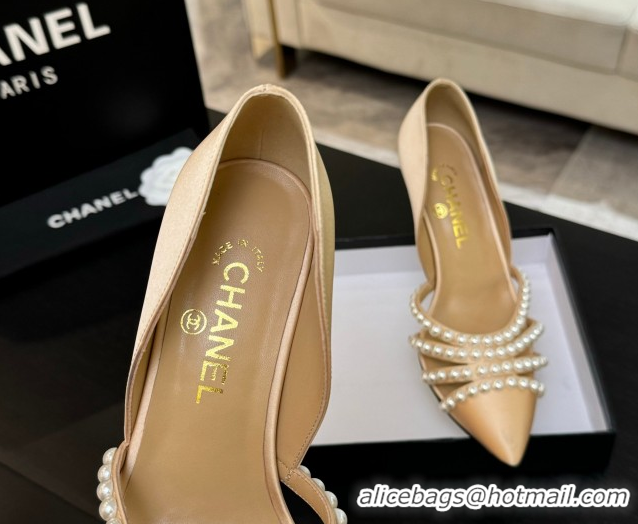 Best Price Chanel Satin Pumps 8.5cm with Pearls Beige 2025 CH061025