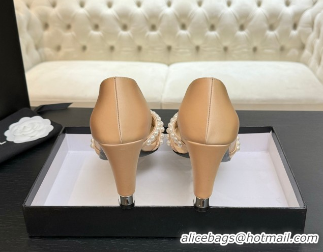 Best Price Chanel Satin Pumps 8.5cm with Pearls Beige 2025 CH061025