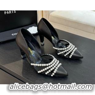 Sumptuous Chanel Lambskin Pumps 8.5cm with Pearls Black 2025 CH061025