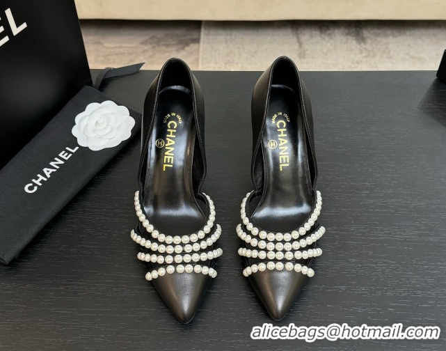 Sumptuous Chanel Lambskin Pumps 8.5cm with Pearls Black 2025 CH061025