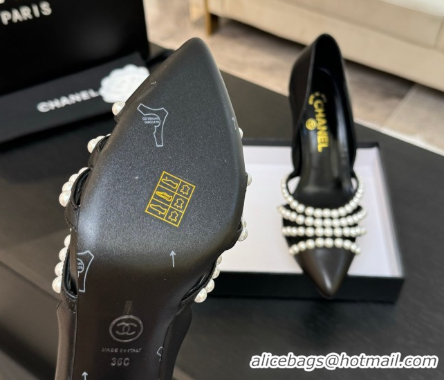 Sumptuous Chanel Lambskin Pumps 8.5cm with Pearls Black 2025 CH061025