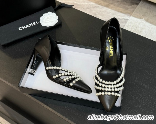 Sumptuous Chanel Lambskin Pumps 8.5cm with Pearls Black 2025 CH061025