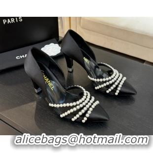 Perfect Chanel Satin Pumps 8.5cm with Pearls Black 2025 CH061025