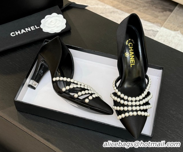Perfect Chanel Satin Pumps 8.5cm with Pearls Black 2025 CH061025