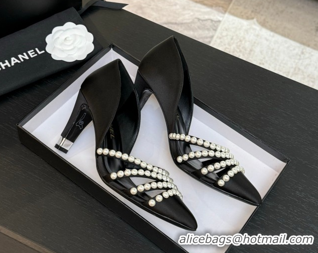 Perfect Chanel Satin Pumps 8.5cm with Pearls Black 2025 CH061025
