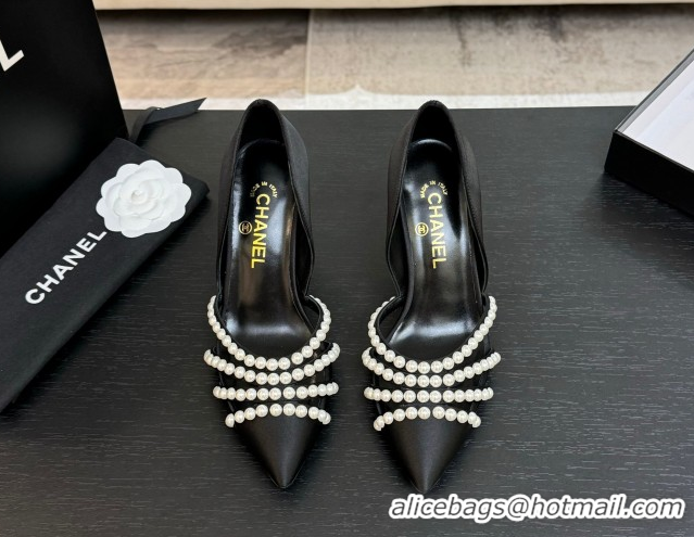 Perfect Chanel Satin Pumps 8.5cm with Pearls Black 2025 CH061025