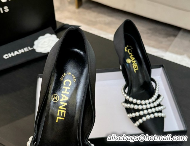 Perfect Chanel Satin Pumps 8.5cm with Pearls Black 2025 CH061025