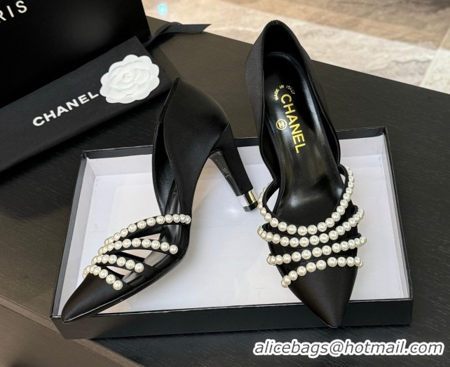 Perfect Chanel Satin Pumps 8.5cm with Pearls Black 2025 CH061025