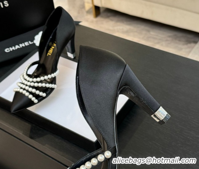 Perfect Chanel Satin Pumps 8.5cm with Pearls Black 2025 CH061025