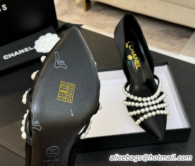 Perfect Chanel Satin Pumps 8.5cm with Pearls Black 2025 CH061025