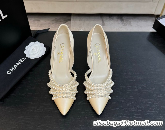 Expensive Chanel Satin Pumps 8.5cm with Pearls White 2025 CH061025