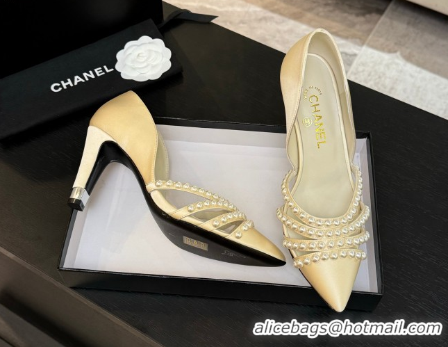 Expensive Chanel Satin Pumps 8.5cm with Pearls White 2025 CH061025