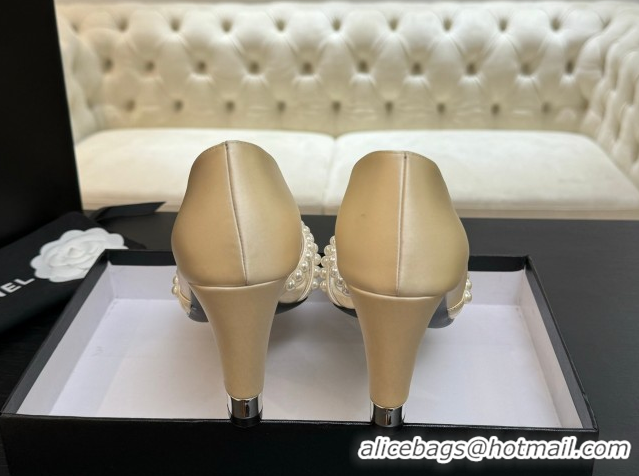Expensive Chanel Satin Pumps 8.5cm with Pearls White 2025 CH061025