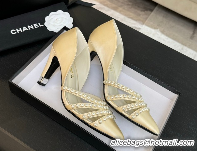 Expensive Chanel Satin Pumps 8.5cm with Pearls White 2025 CH061025