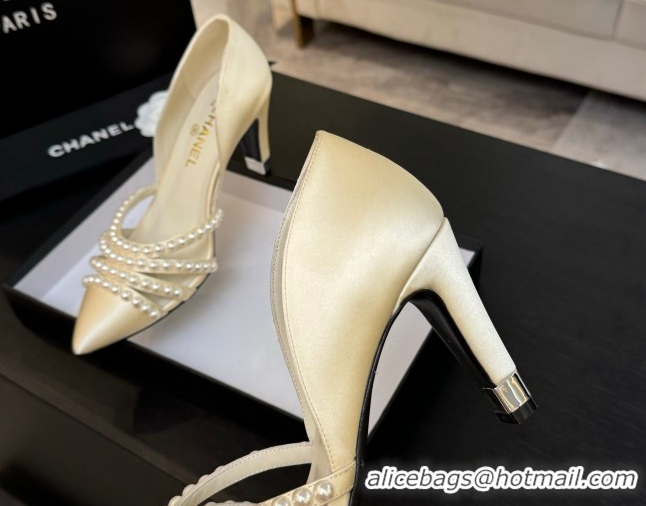 Expensive Chanel Satin Pumps 8.5cm with Pearls White 2025 CH061025