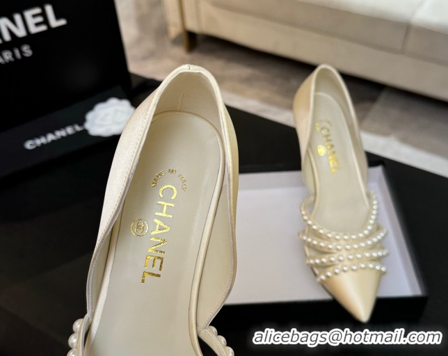 Expensive Chanel Satin Pumps 8.5cm with Pearls White 2025 CH061025