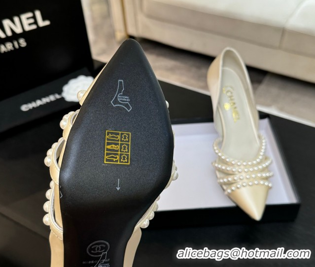 Expensive Chanel Satin Pumps 8.5cm with Pearls White 2025 CH061025