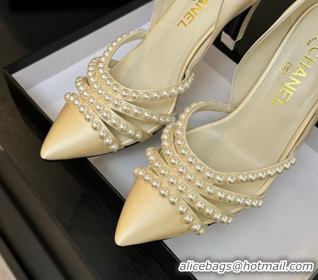 Expensive Chanel Satin Pumps 8.5cm with Pearls White 2025 CH061025
