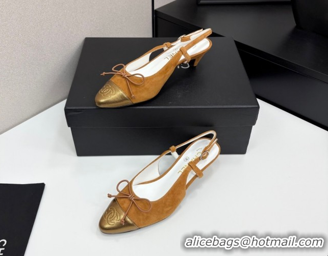 Stylish Chanel Suede & Calfskin Slingback Pumps with Bow Yellow 2025 CH061027